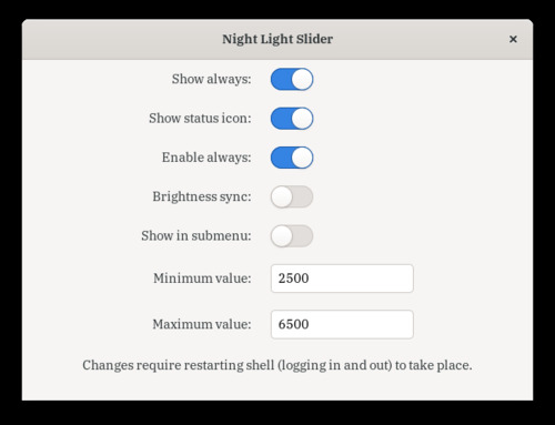 Night Light Slider preferences